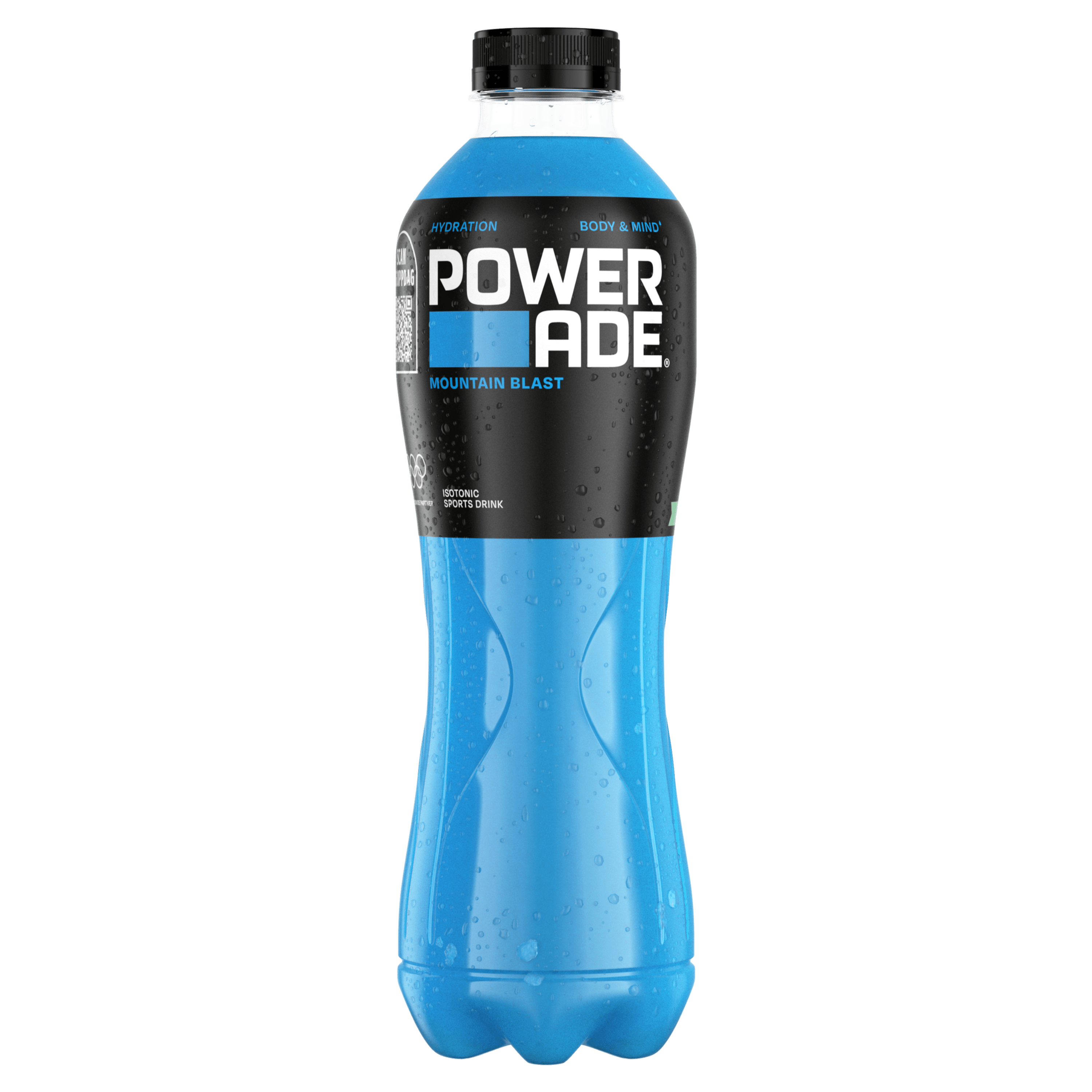 En plastflaske med Powerade Mountain Blast 1L