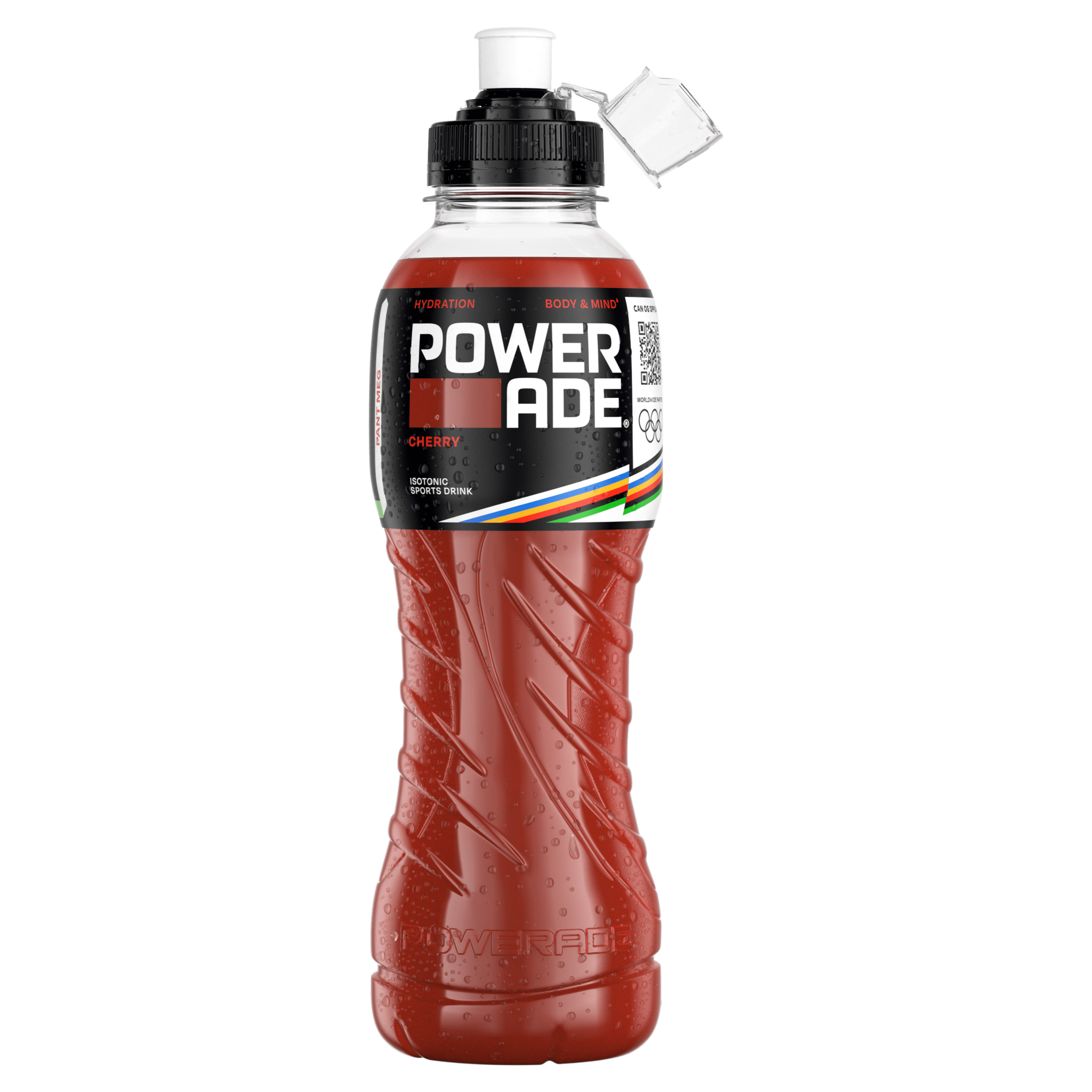 En plastflaske med Powerade Cherry