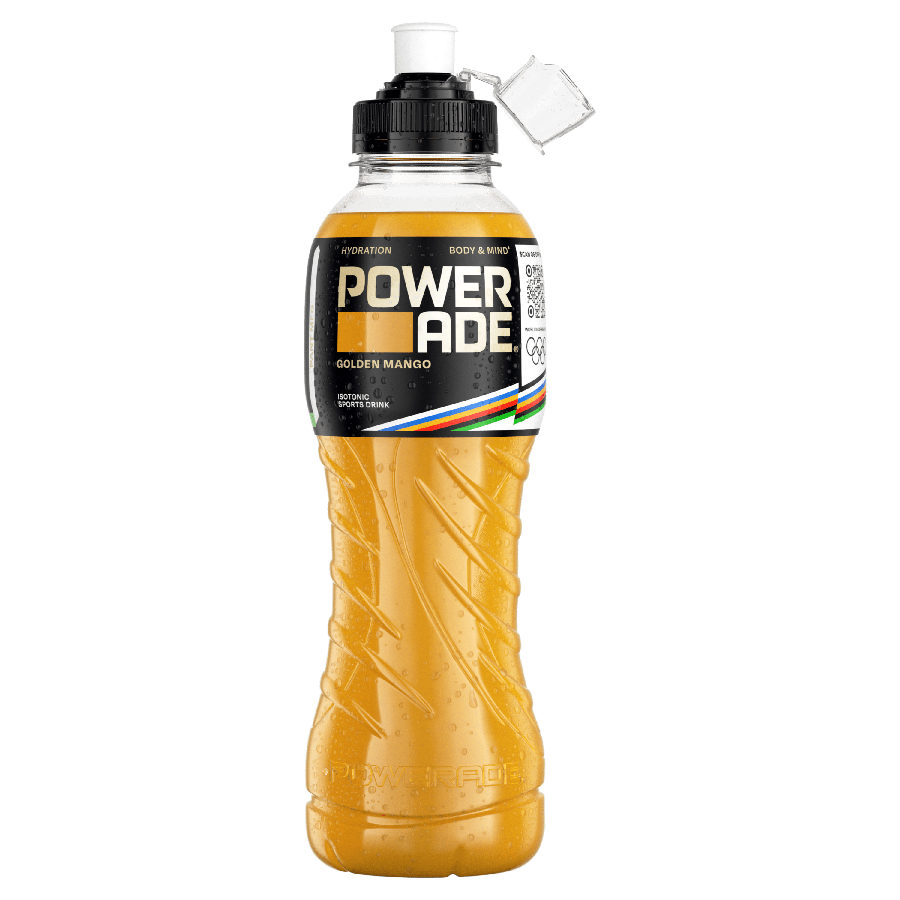  En plastflaske med Powerade Golden Mango