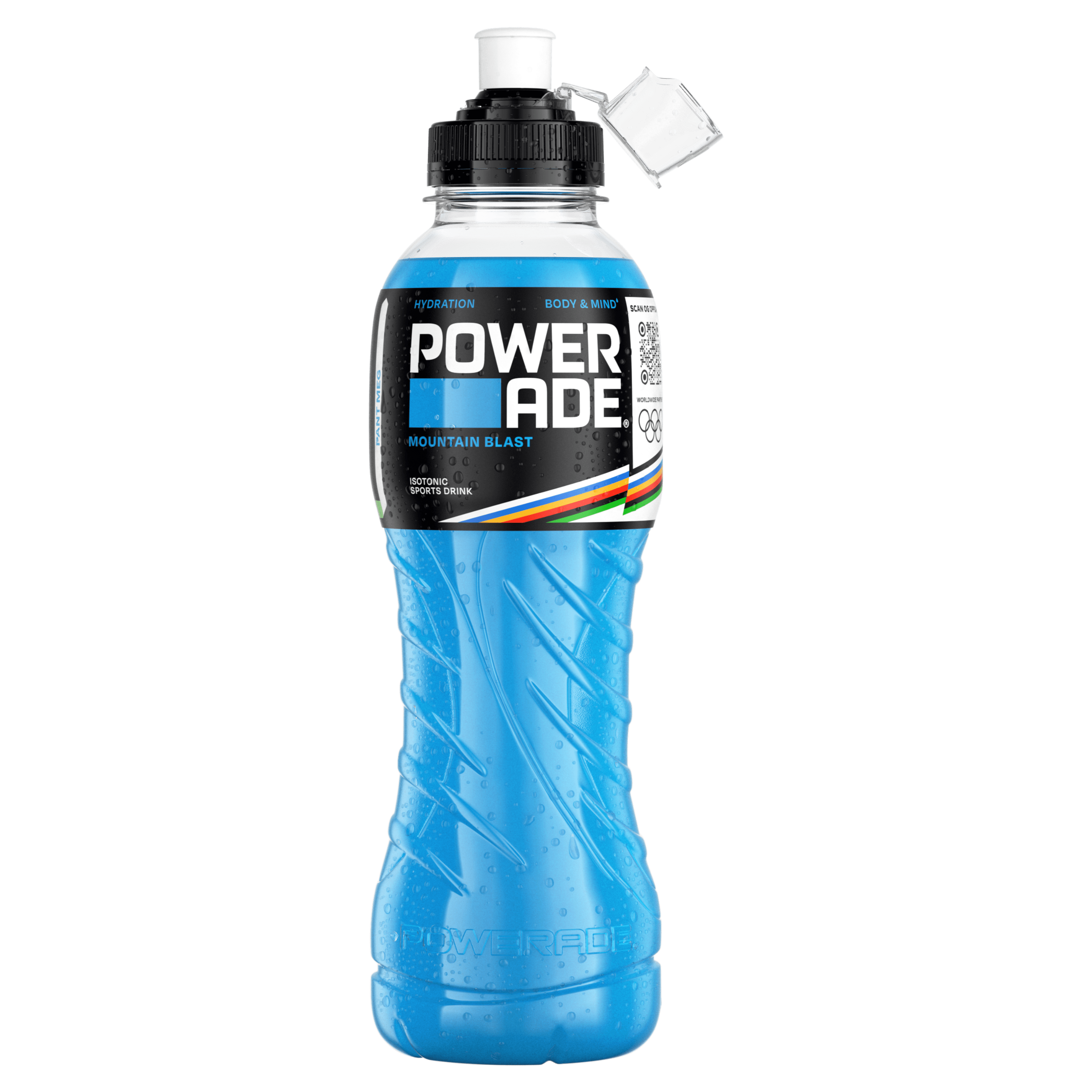 En plastflaske med Powerade Mountain Blast