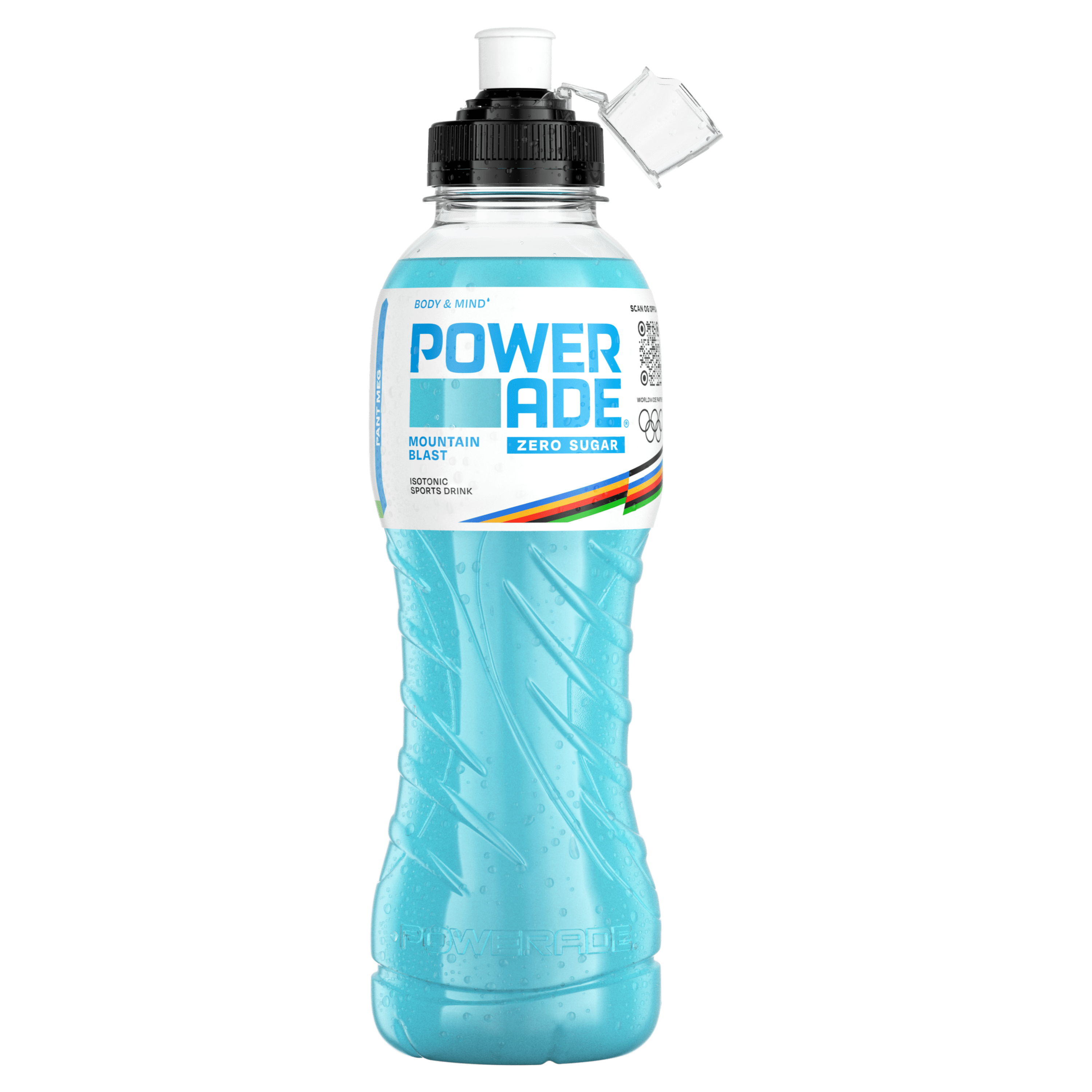 En plastflaske med Powerade Zero Mountain Blast