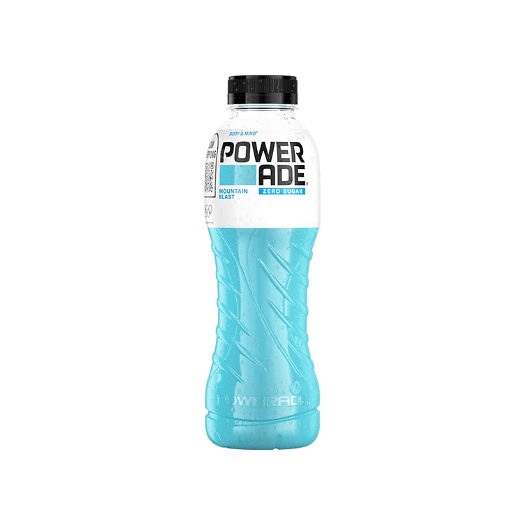 En flaske Powerade Mountain Blast Zero med drikketut.