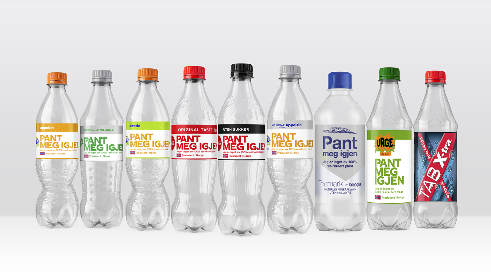 Nå er alle plastflaskene, som vi ser på bildet, i Coca-Cola familien laget i resirkulerbart materiale eller som vi sier: 100% Rpet