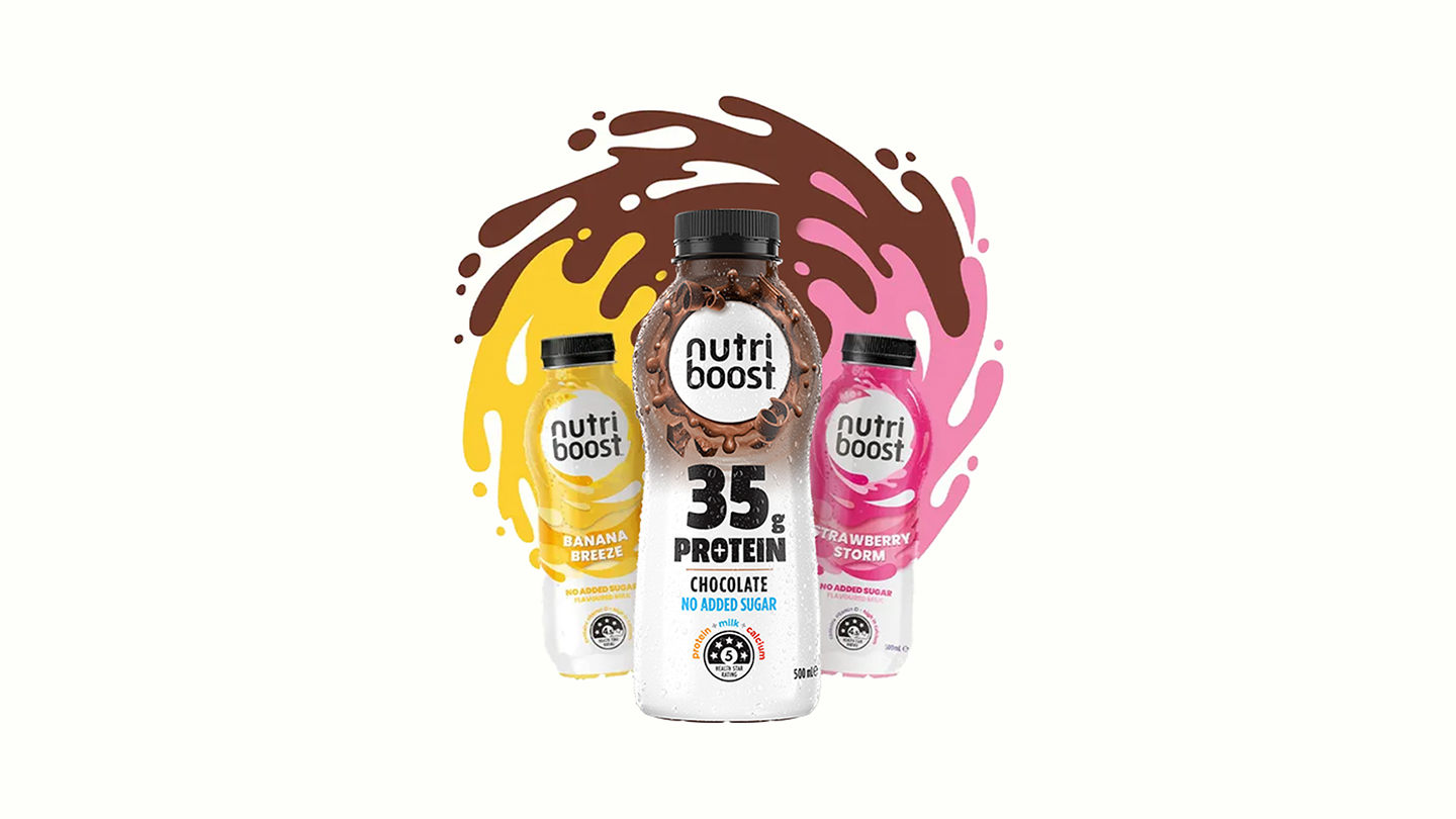 Three Nutriboost bottles in front of a multicolor illustration splash on a white background