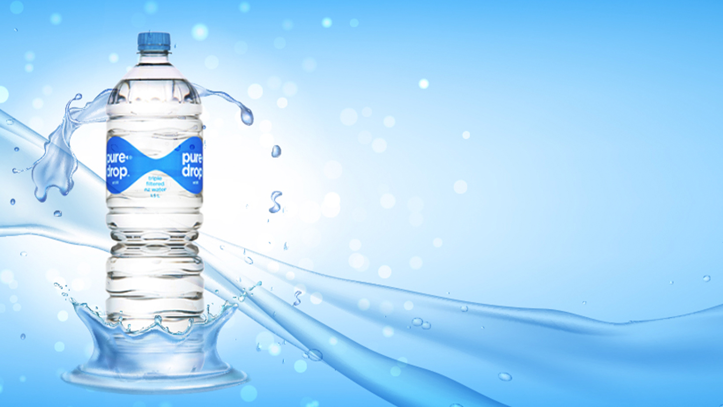 Pure Drop plastic bottle on water background
