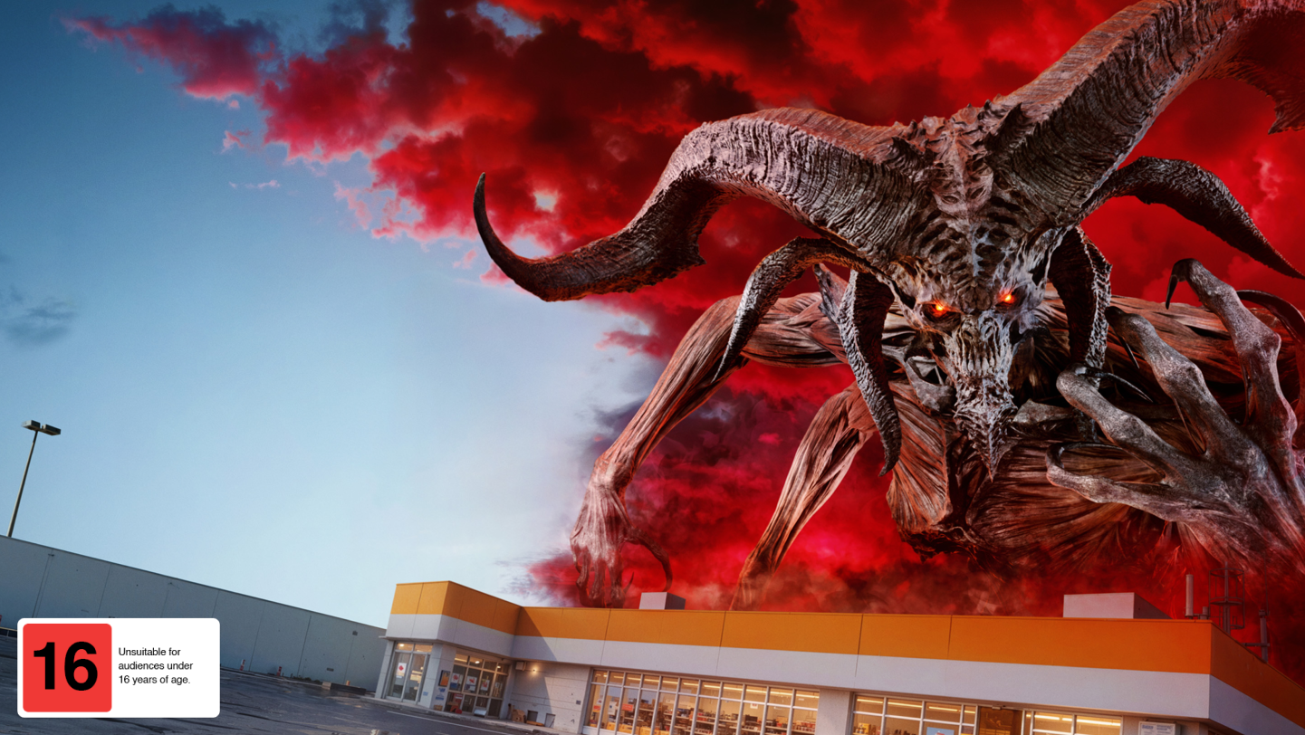 The Diablo IV character Mephisto appears above a convenience store and the knight Paladin stands in armor ready to fight him. 