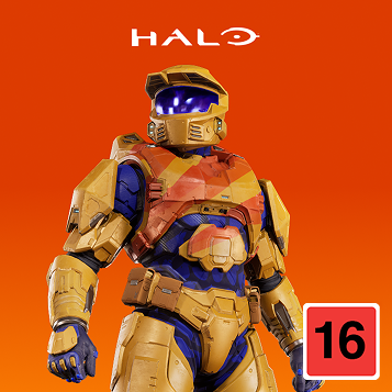 Master Chief wearing a Fanta orange suit of armor under a Halo logo against an orange background.