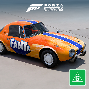 An orange car parked in a beach parking lot with its door open, under a Forza Horizon 6 logo.
