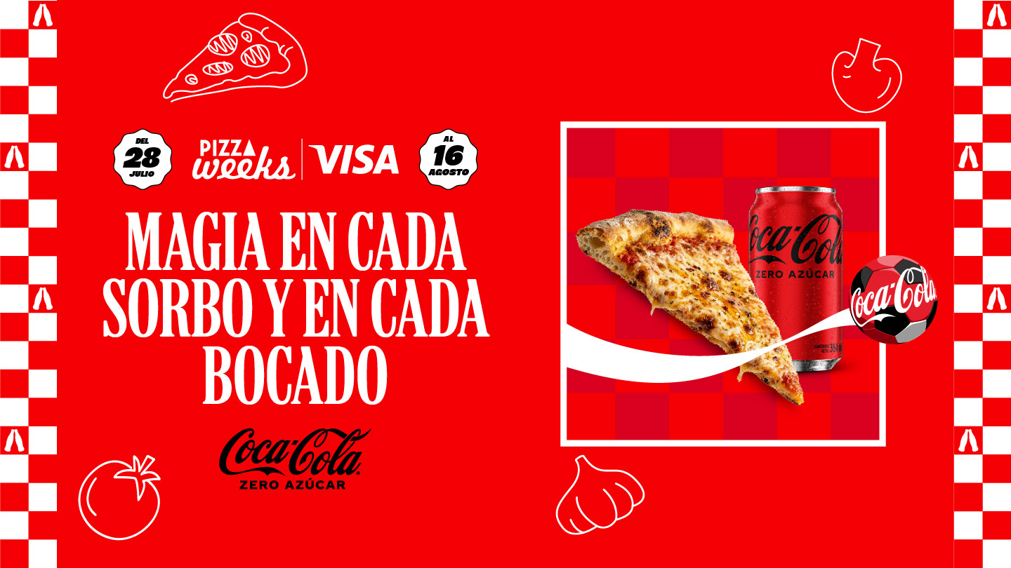 Pizza week en Panamá. Magia en cada sorbo y en cada boca. Una lata de Coca-Cola Zero Azúcarde 354 ml y una porción de pizza