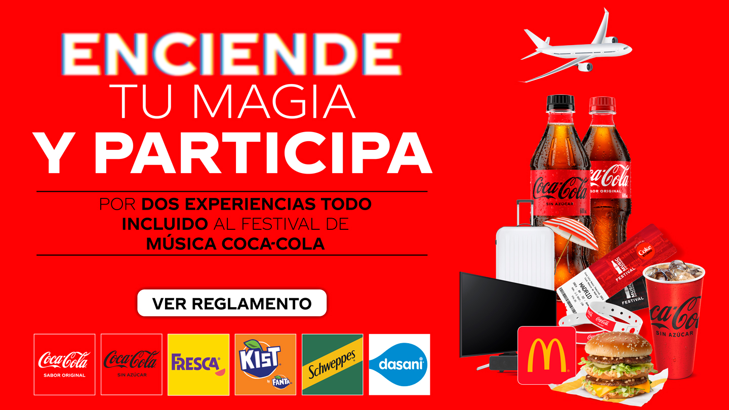 Banner con texto: Enciende tu magia y participa. En la parte de abajo hay logos de diferentes marcas como Coca-Cola, Fresca, etc. Y al costado de la imagen hay diferentes elementos como una hamburguesa Mc Donalds, TV, valija, avion, etc.