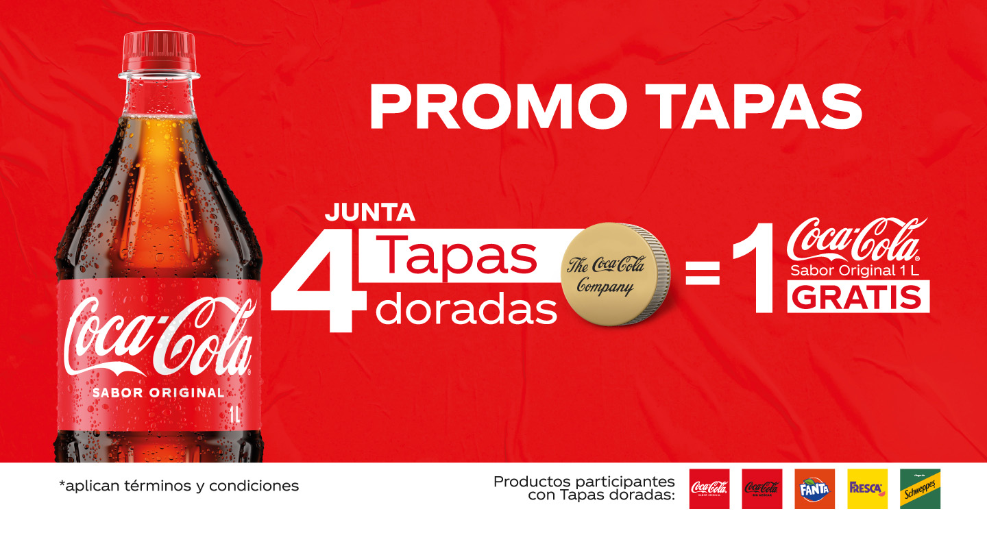 Imagen de fondo rojo con una botella de Coca-Cola Sabor Original y el texto Promo Tapas. Junta 4 tapas doradas, equivale a 1 Coca-Cola gratis
