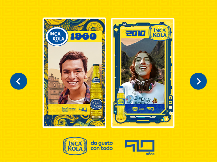 Dos postales de Inca Kola generadas por IA, una de un joven ambientada en 1960 y otra ambientada en 2010 sobre un fondo amarillo con el logo de Inca Kola 90 años