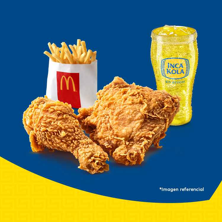 Pollo crujiente y papas fritas de McDonald's con Inca Kola sin azúcar.