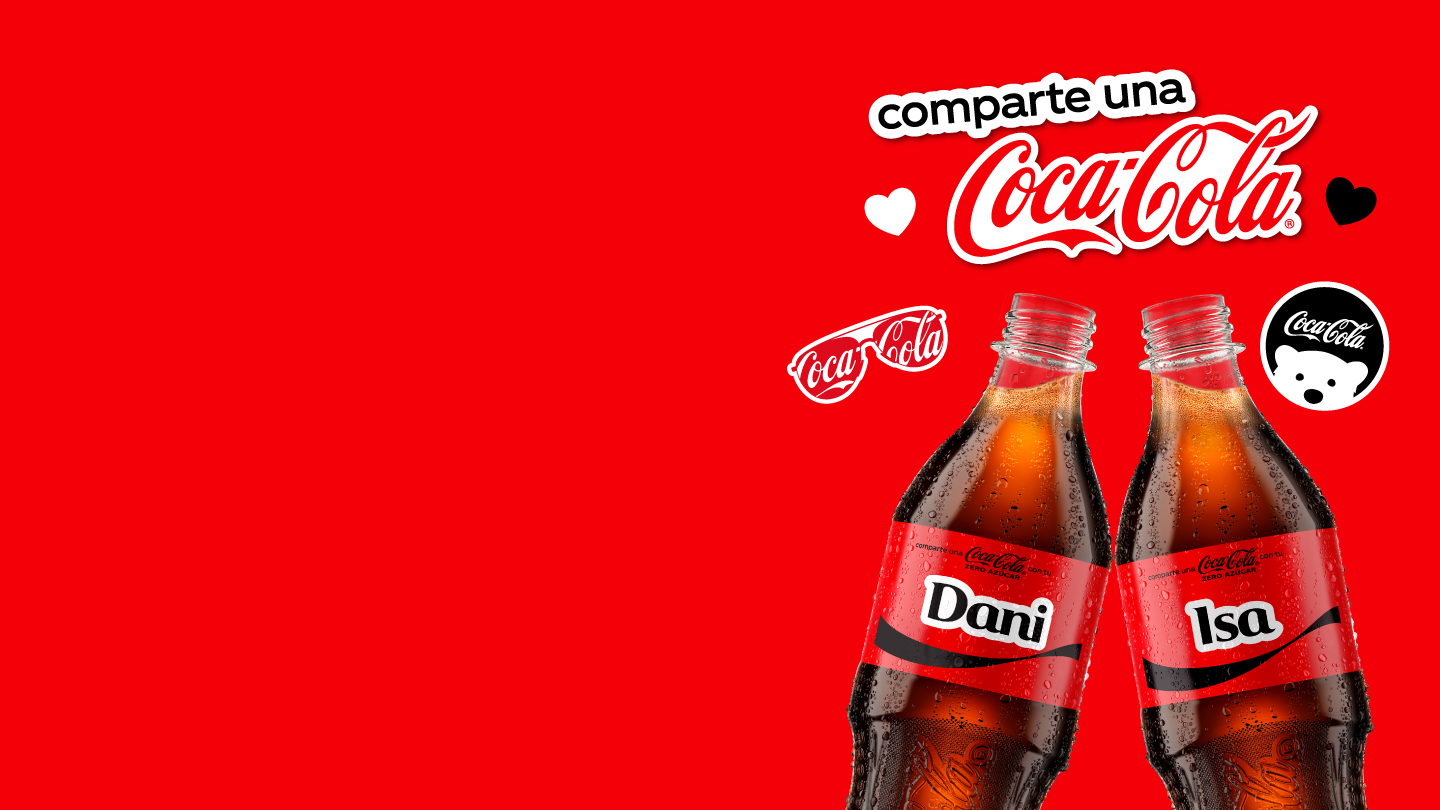 Dos botellas de Coca-Cola Zero Azúcar personalizadas con el nombre "Dani" e "Isa" junto al texto "Comparte una Coca-Cola" sobre un fondo rojo con ilustraciones de la marca.