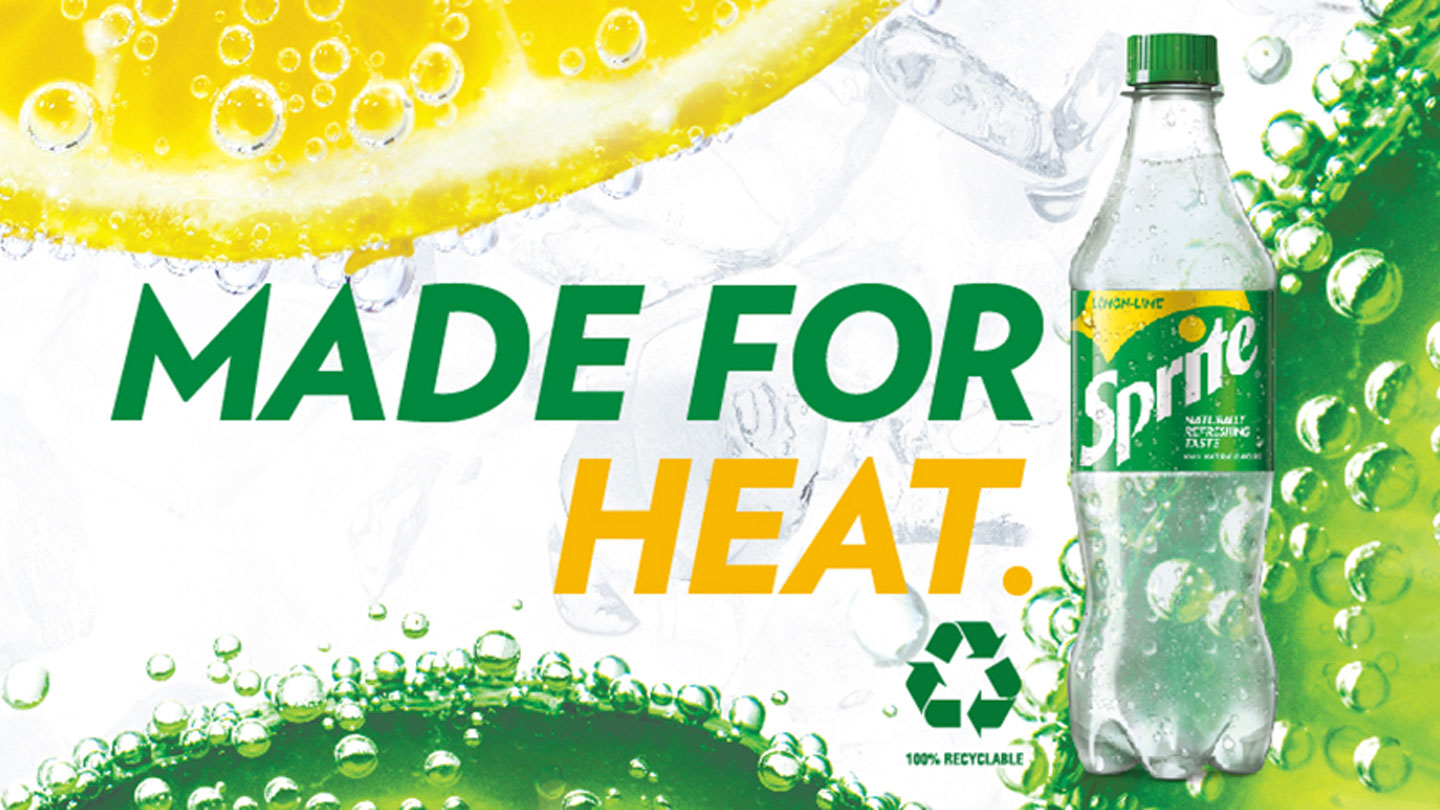Sprite bottle in front of a background with details of lemons and limes with the phrase "Made for heat"