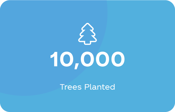 A tree icon with '10,000 trees planted' displayed underneath it