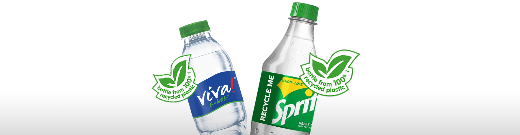 A bottle of Sprite and a bottle of the Viva! eco-bottle, with the phrase "bottle from 100% recycled plastic"