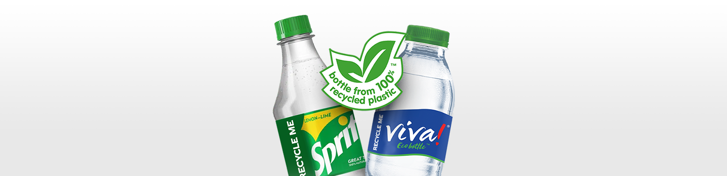 Viva! Mineralized water and Sprite bottles with green "bottle from 100% recycled plastic" logo