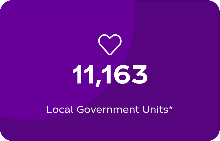 Purple card with a heart icon and the text "11,163 Local Government Units*"