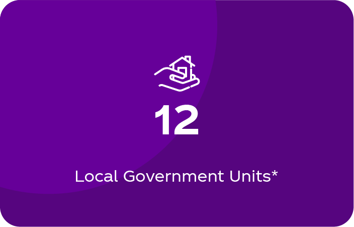 Purple card with a hand holding a house icon and the text "12 Local Government Units*"