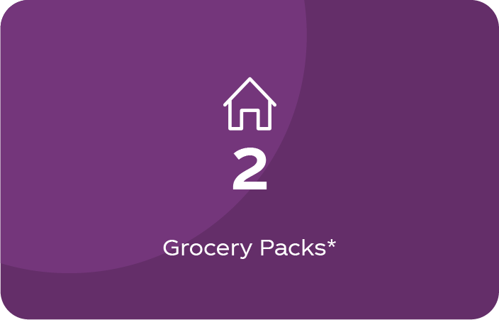 Dark purple card with a house icon and the text "2 Grocery Packs*"