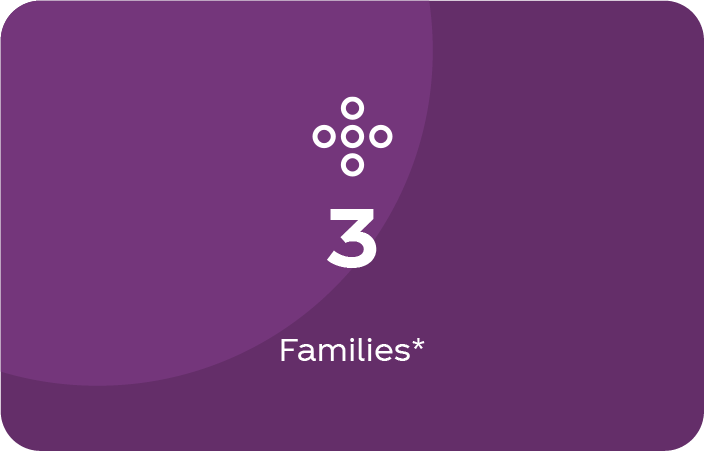 Dark purple card with a dot cross icon and the text "3 Families*"