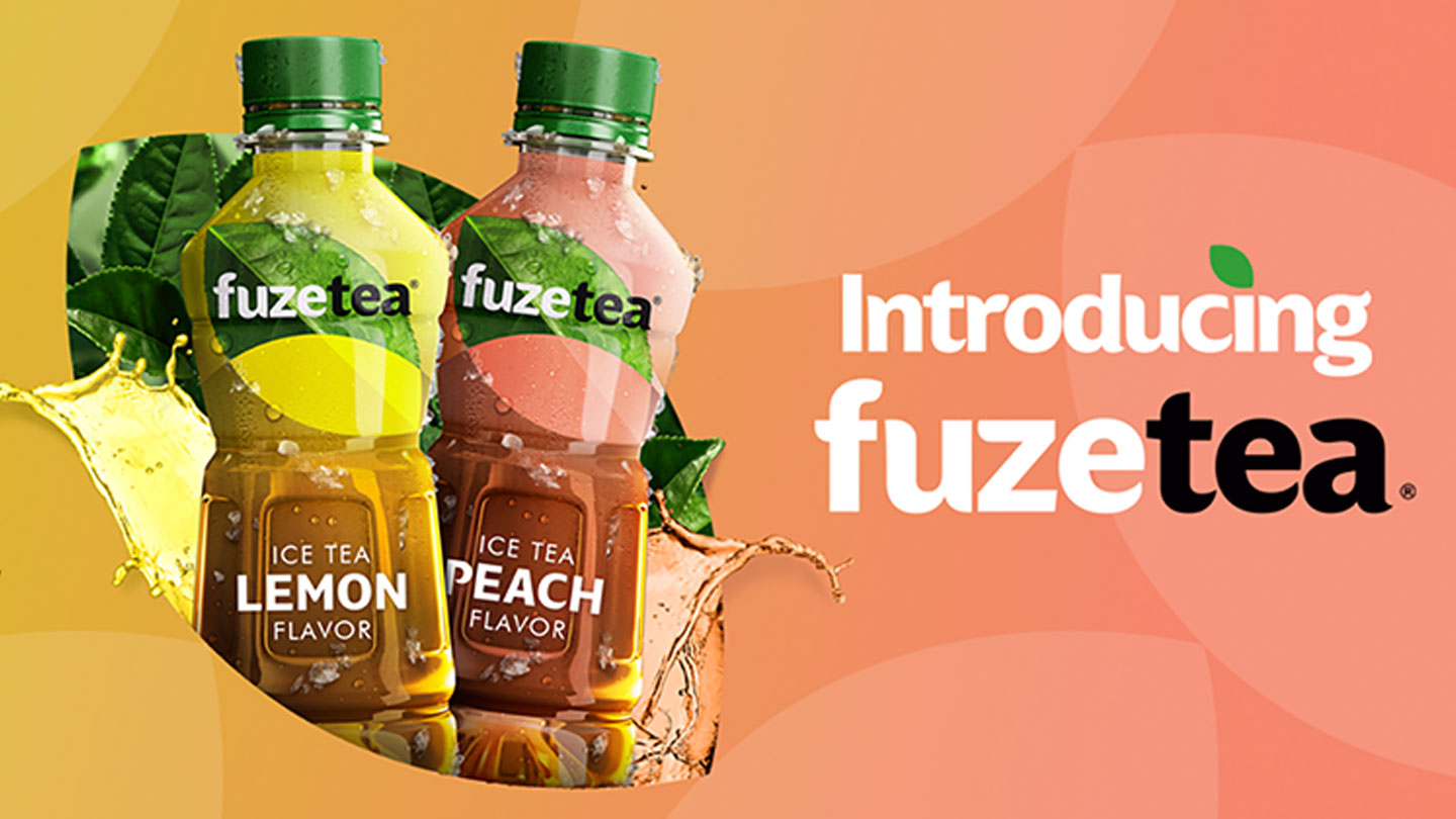 Two Fuzetea bottles on a colorful background with the phrase 'Introducing Fuzetea' placed beside them