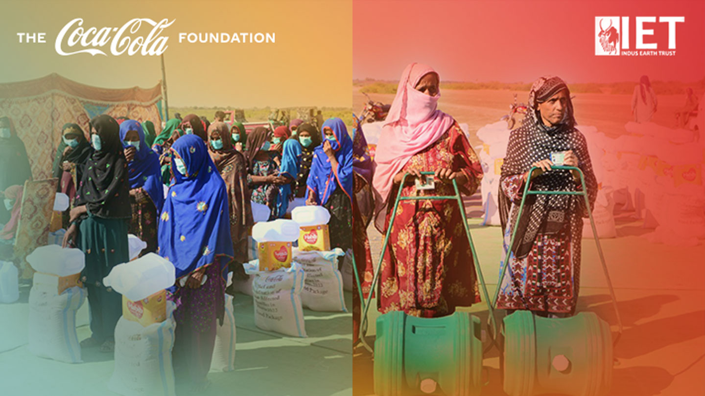 Two images grouped together showing groups of people receiving supplies as part of Indus Earth Trust & The Coca-Cola Company support for flood-affected coastal communities