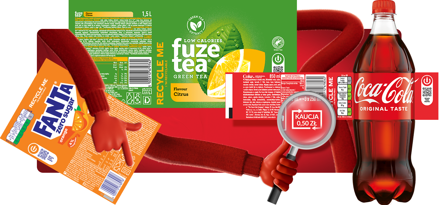 Etykiety napojów Coca-Cola, Fanta i Fuze Tea z wyróżnioną informacją o kaucji.