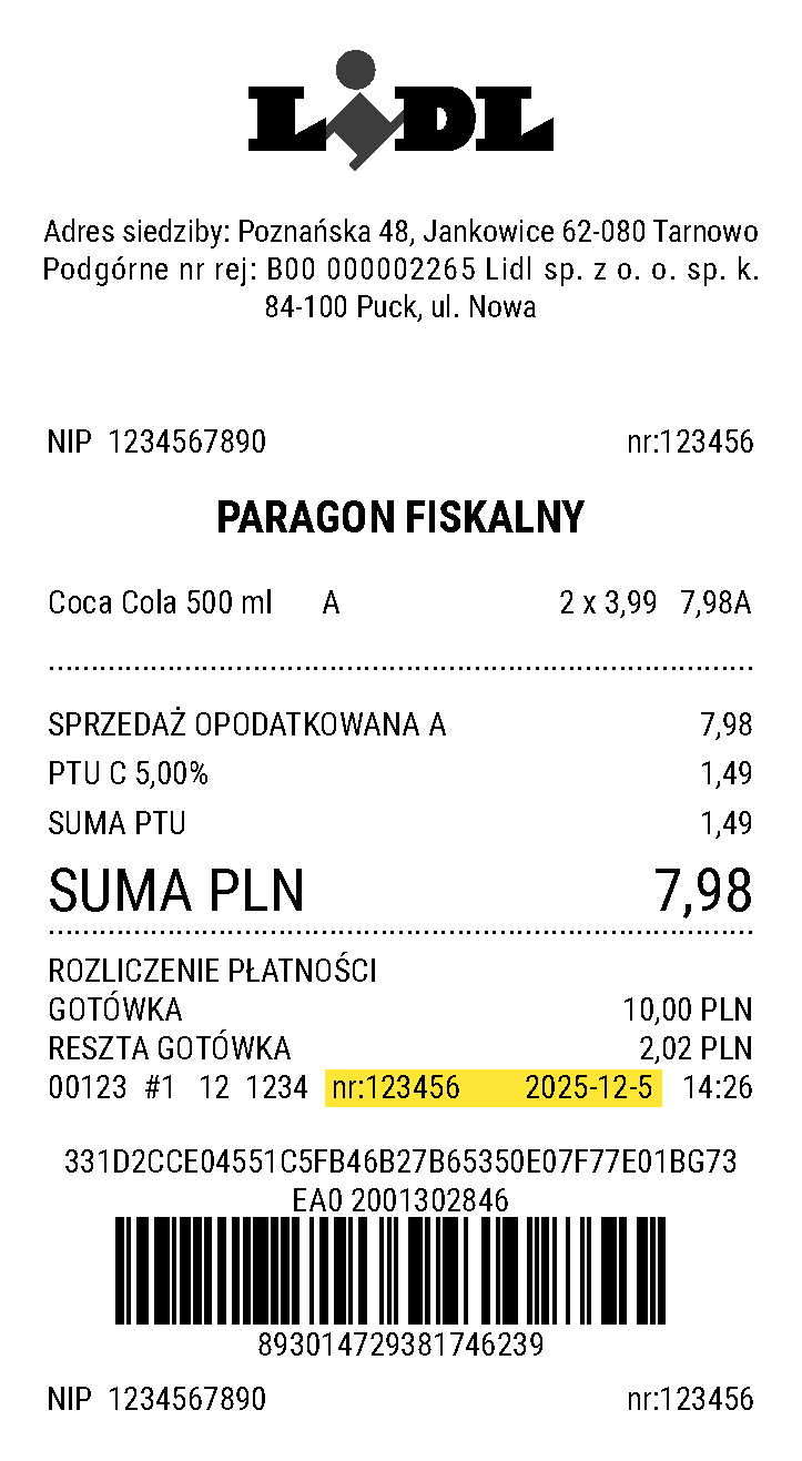 przykład dowodu zakupu