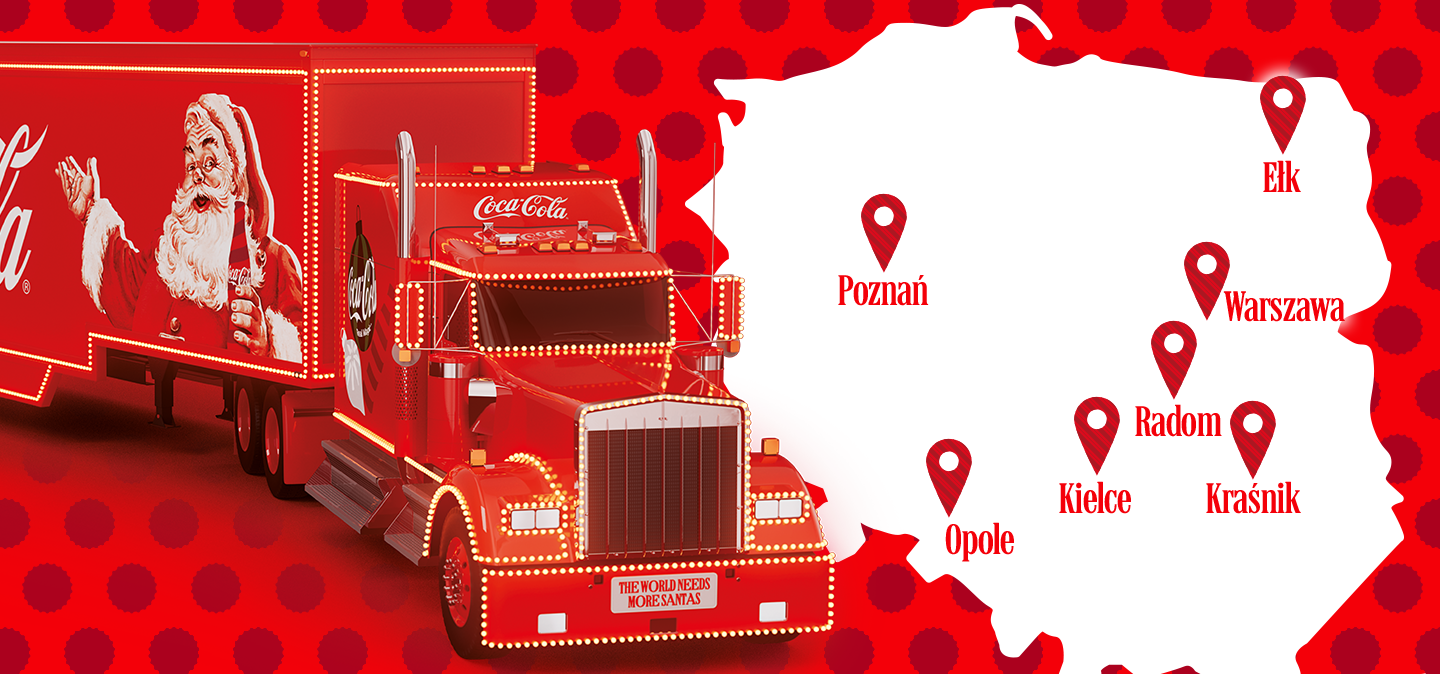 Czerwony świąteczny truck Coca-Cola obok mapy Polski z zaznaczonymi miastami.