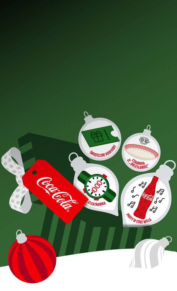 Świąteczne ozdoby i prezenty w motywie Coca-Cola.
