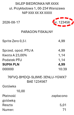 Paragon fiskalny z zakupem napoju, z wyróżnionym numerem paragonu i datą.