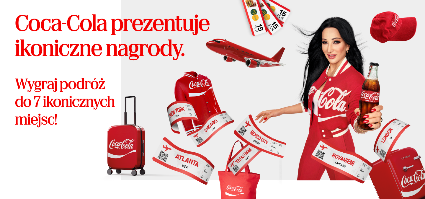Baner Coca‑Cola z informacją o loterii i podróżach do ikonicznych miejsc.