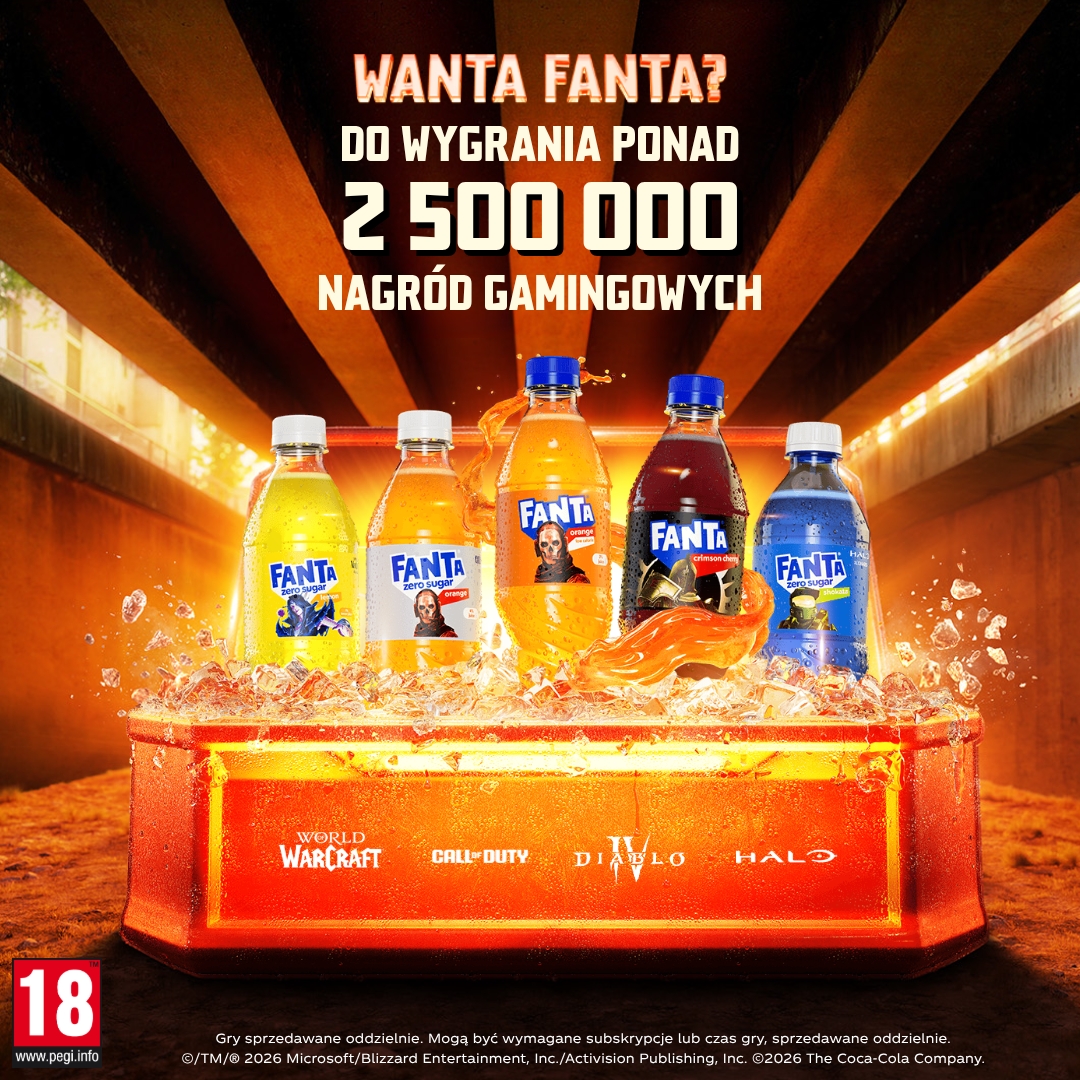 Otwarta skrzynia z nagrodami ukazująca butelki Fanty z postaciami z gier Forza Horizon 6, Call of Duty, Diablo IV, Halo oraz World of Warcraft.