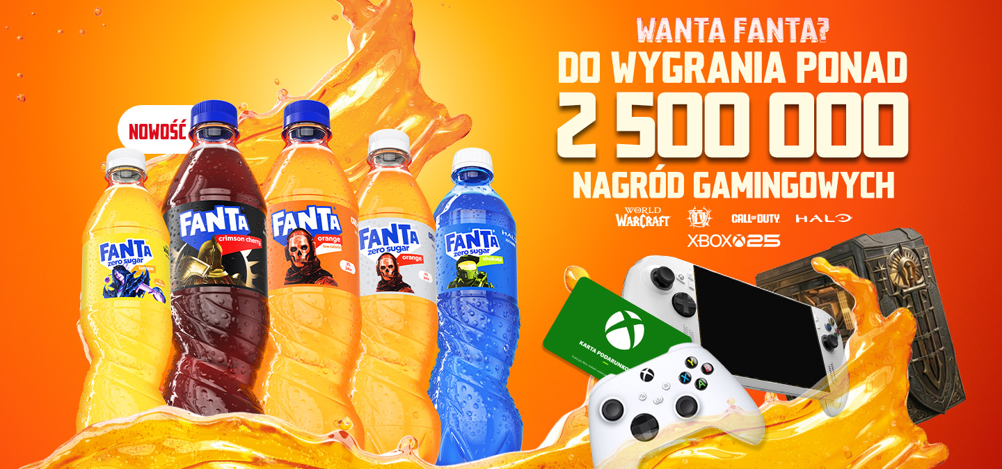 Baner promocyjny Fanta z butelkami napojów i informacją o nagrodach gamingowych do wygrania.
