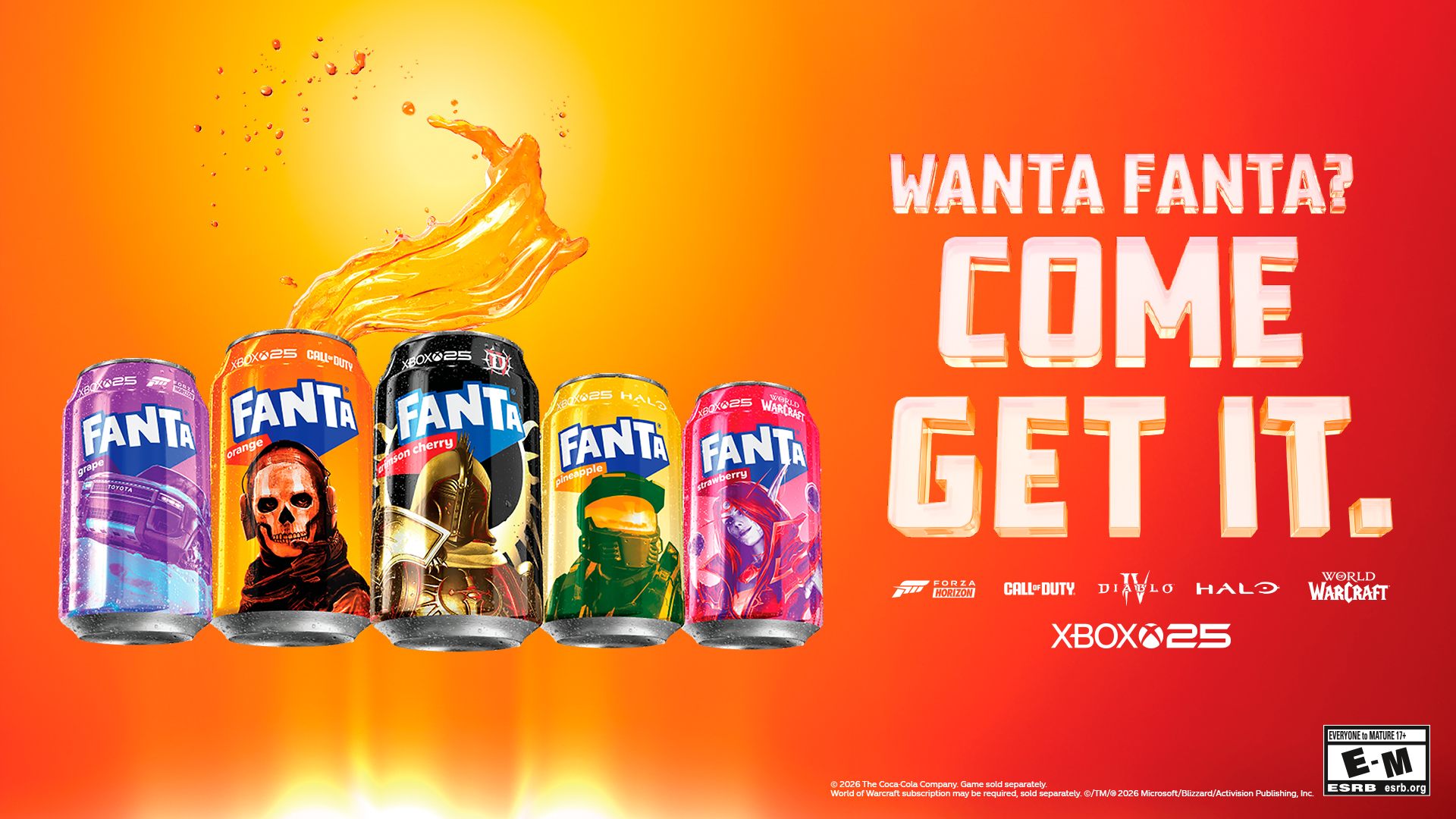 Kolekcja Fanta Xbox zawiera puszki z postaciami z gier Forza Horizon 6, Call of Duty, Diablo IV, Halo i World of Warcraft. Tekst brzmi: "Wanta Fanta? Come get it."