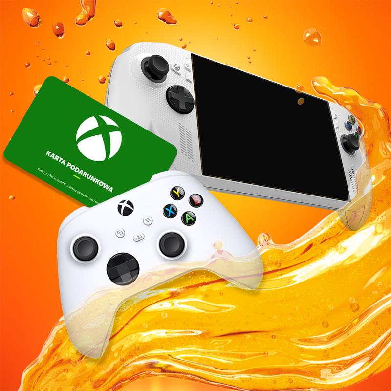 Biały kontroler Xbox, konsola przenośna i karta podarunkowa na pomarańczowym tle