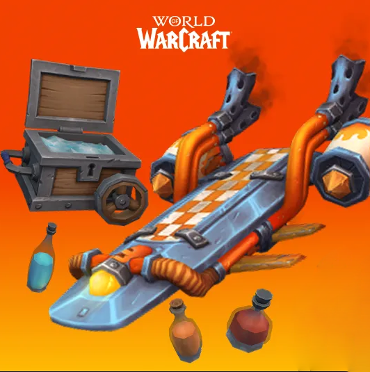 Fantastyczny dodatek do deskorolki Goblin Waveshredder, Butelka do Farbowania oraz Solidna Przenośna Lodówka na pomarańczowym tle pod logo World of Warcraft.