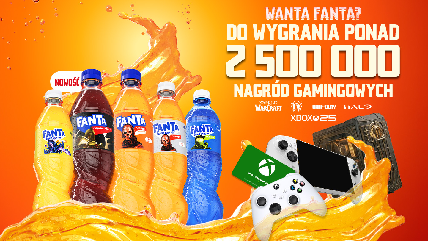 Baner promocyjny Fanta z butelkami napojów i informacją o nagrodach gamingowych do wygrania.