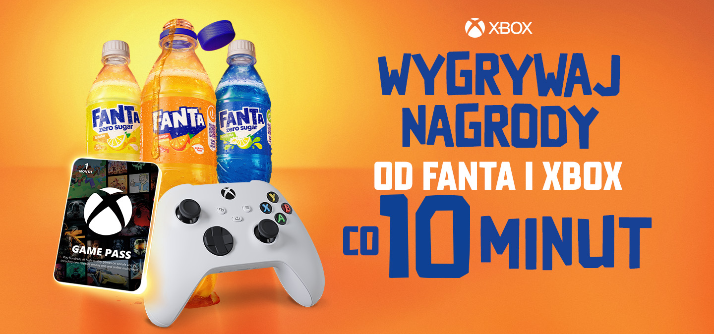 Reklama Fanta i Xbox z butelkami napojów, kontrolerem i hasłem o wygrywaniu nagród co 10 minut.