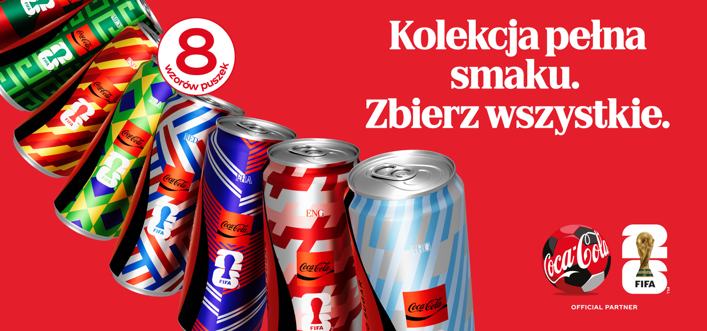 Baner promocyjny loterii Coca‑Cola Can Hunt. Puszki z flagami państw na czerwonym tle.