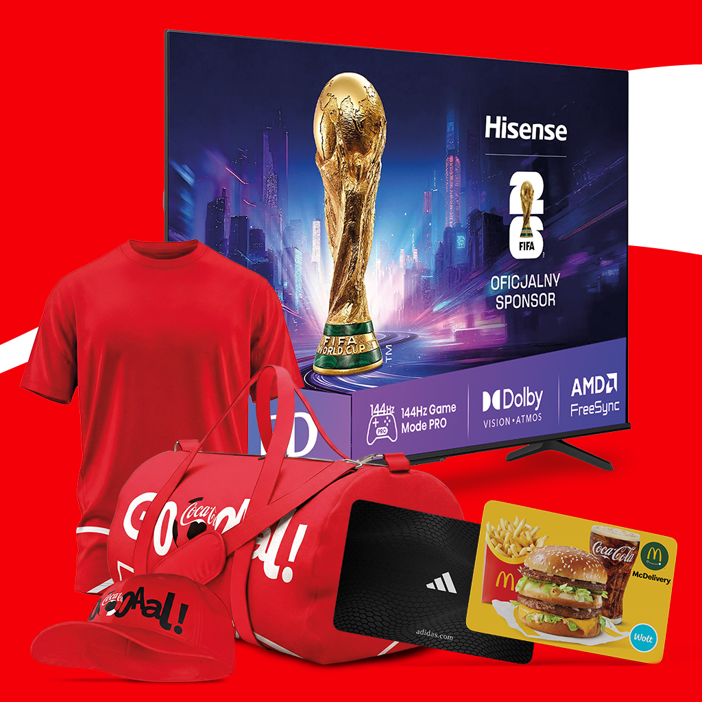 Zestaw nagród: telewizor Hisense, koszulka i torba Coca‑Cola, czapka oraz karta podarunkowa.