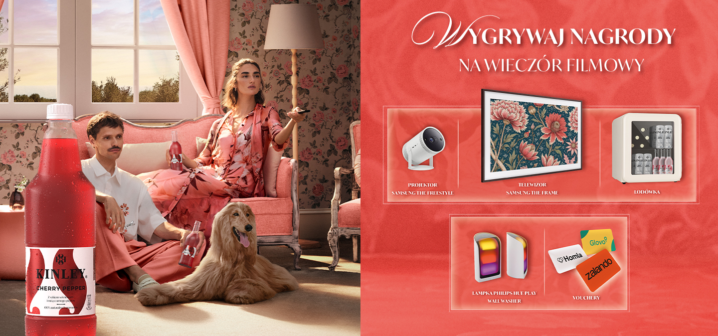 Baner promocyjny Kinley: wieczór filmowy w salonie, butelka napoju i nagrody do wygrania.