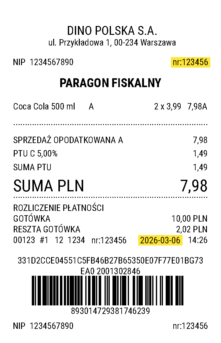 Paragon fiskalny z zakupem napoju, z wyróżnionym numerem paragonu i datą.