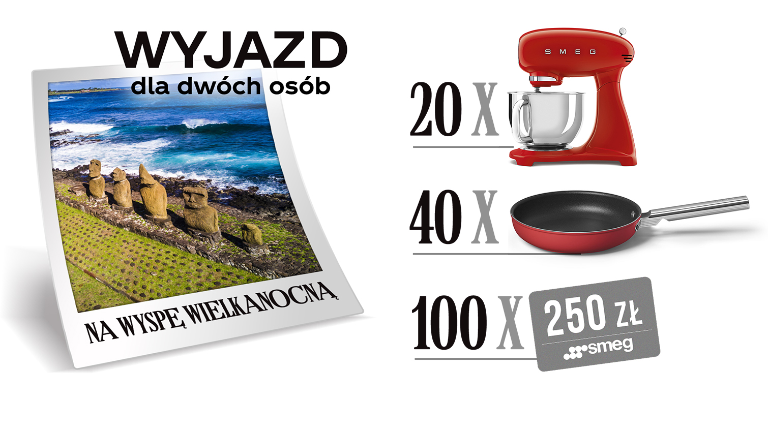 Baner loterii z nagrodami: wyjazd dla dwóch osób na Wyspę Wielkanocną, mikser, patelnia i karty podarunkowe.