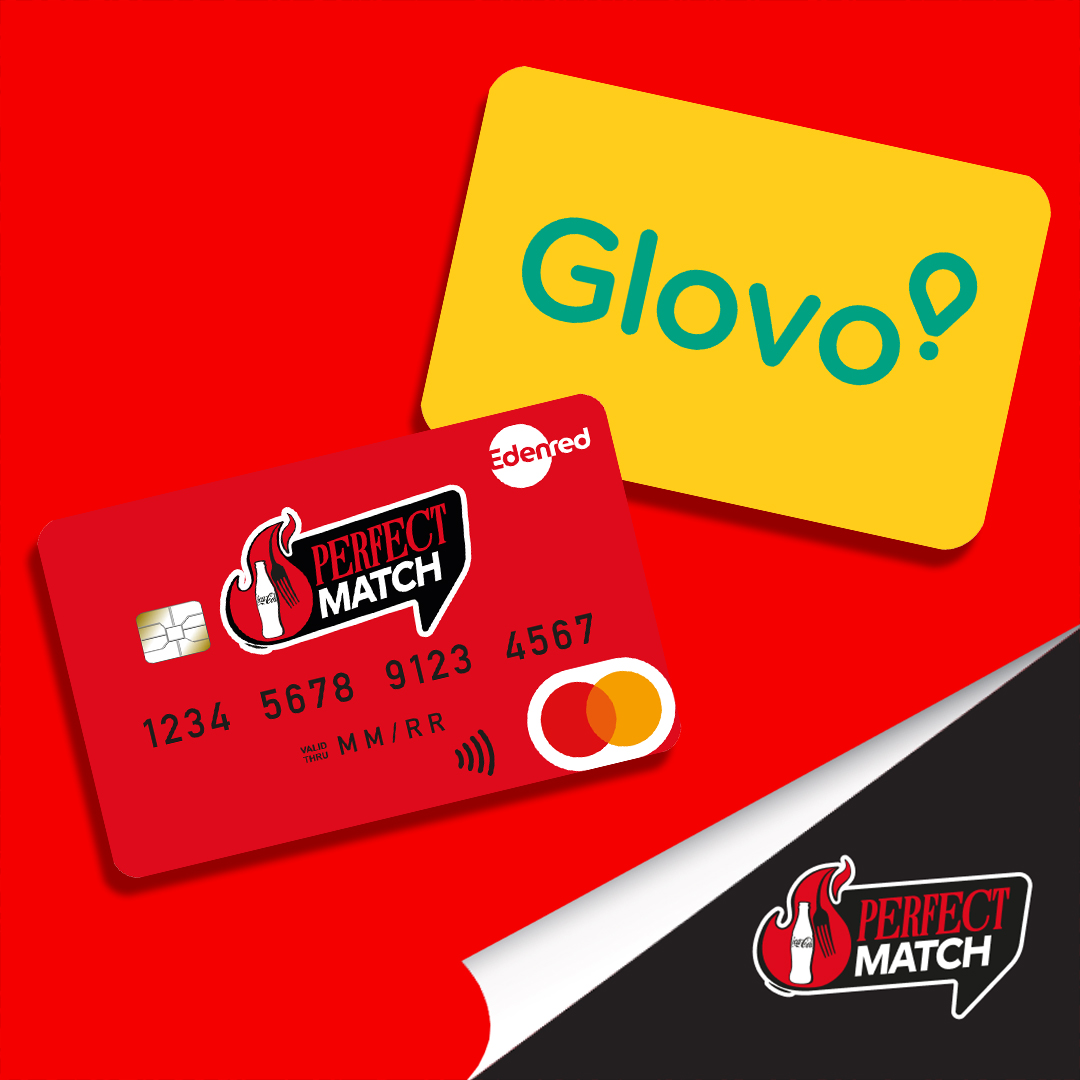 karta prepaid i karta glovo na czerwono czarnym tle z logo perfect match