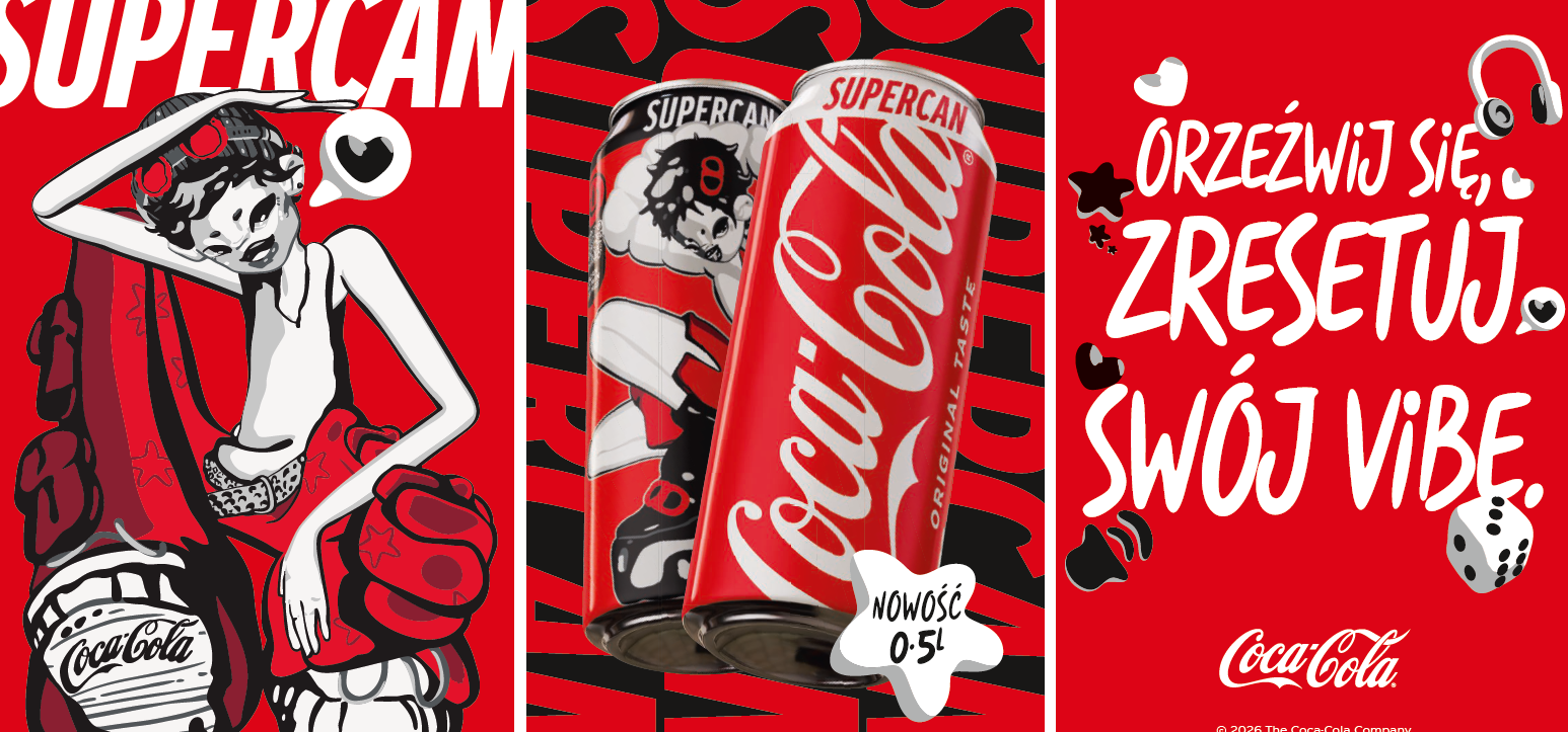 Baner Coca‑Cola Supercan z puszkami napoju, ilustracją i hasłem „Orzeźwij się, zresetuj swój vibe”.