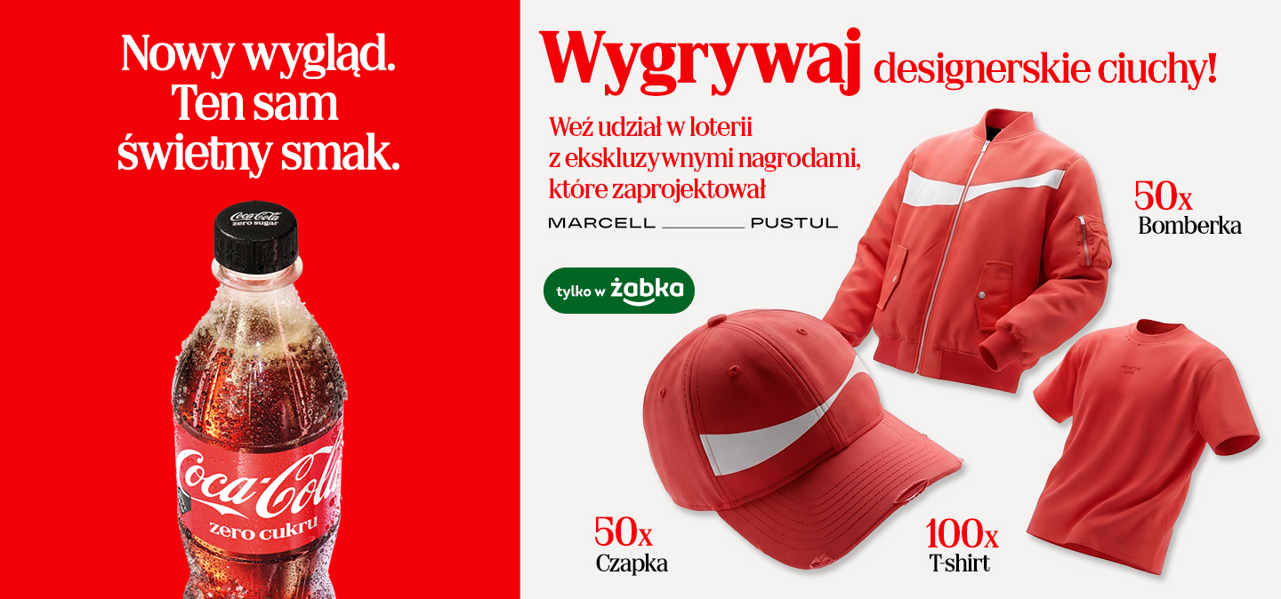Coca-Coli Zero z loterią Żabki, w której można wygrać czerwone ubrania: kurtkę, czapkę i T-shirt