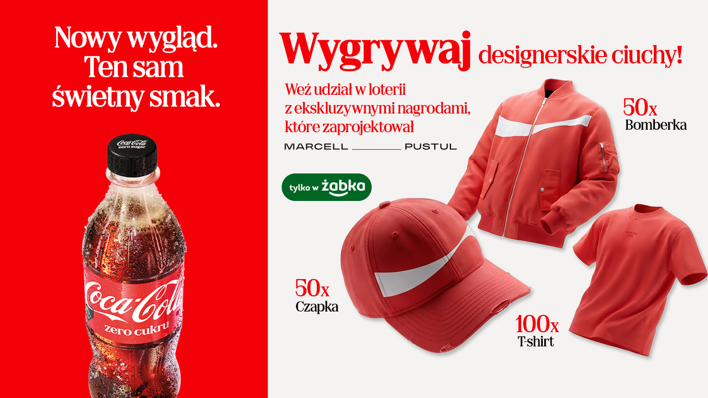 Baner Coca‑Cola Zero Cukru z loterią i designerskimi ubraniami do wygrania.